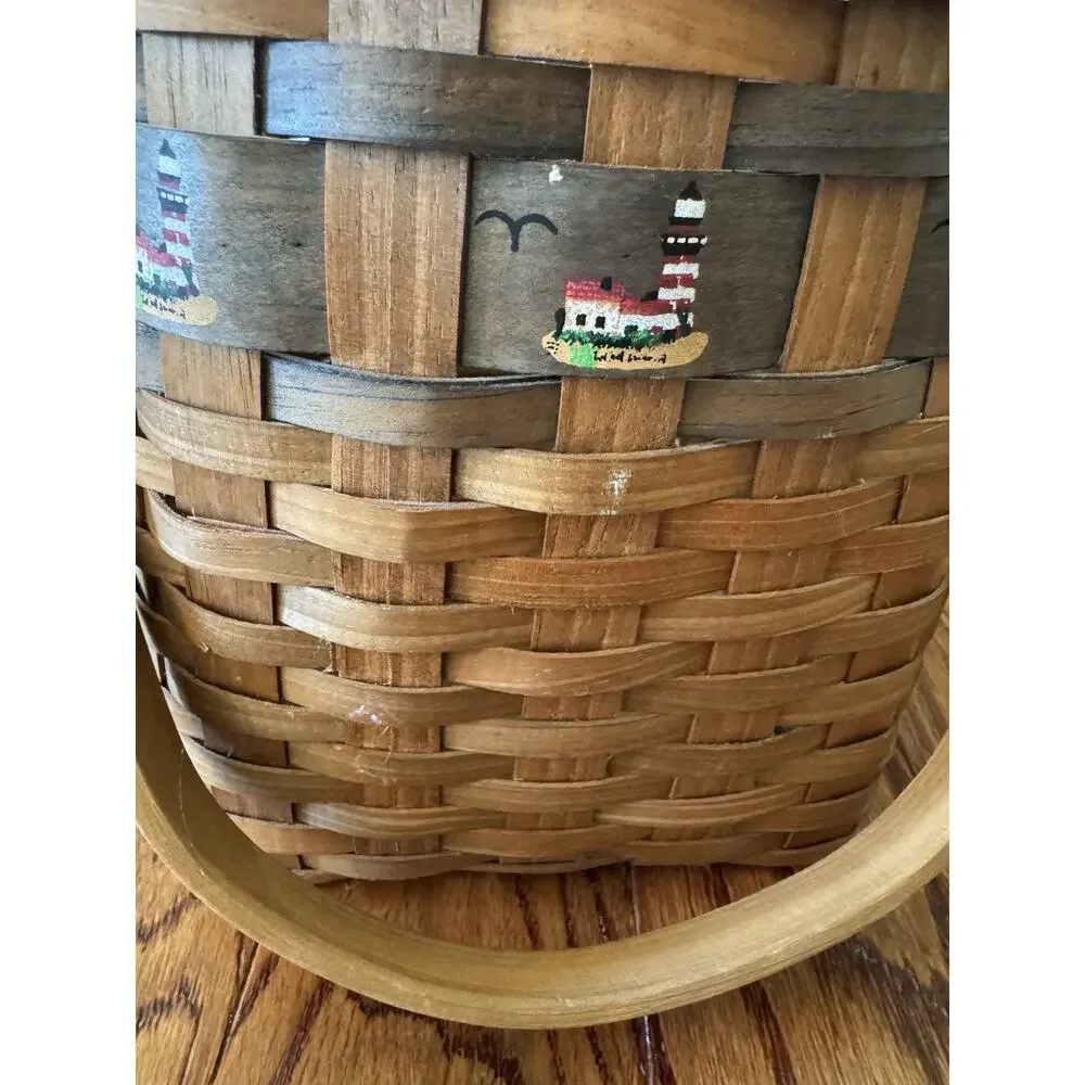VTG Farmhouse Woven Splint Wood Basket Painted Lighthouses Nautical Coastal